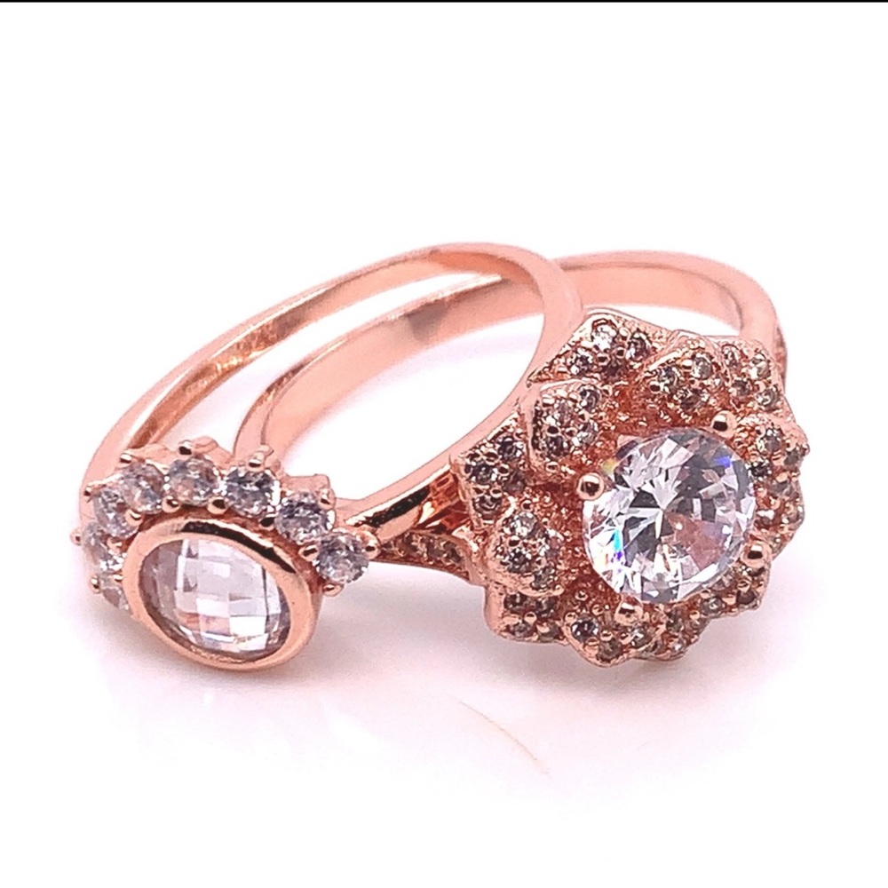 Elegant Rose Gold Crystal Ring Set Marked 925